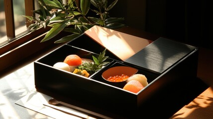 A beautifully arranged Japanese bento box with traditional foods.