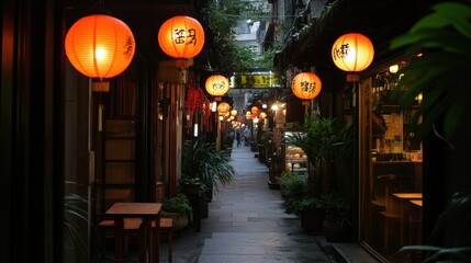 A quiet Japanese alley lined with small shops and lanterns at night.