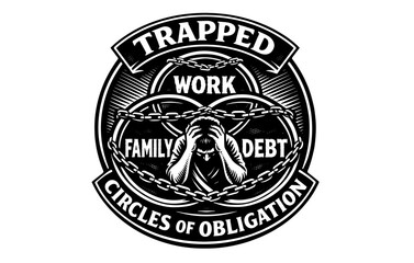 Fototapeta premium Trapped in circles of obligation: work, family, debt symbolized by chains and male figure