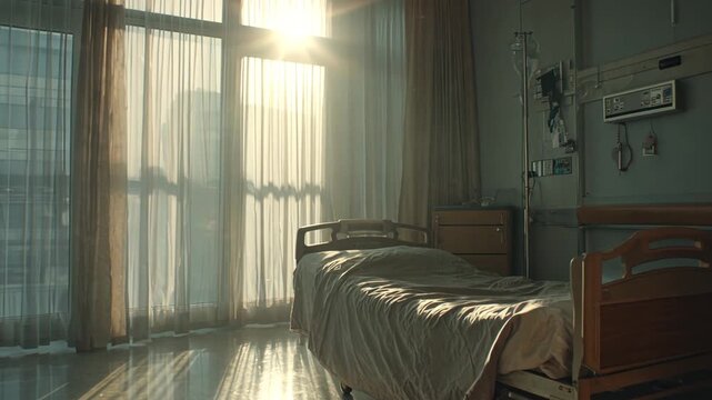 Hospital room with empty bed and sunlight