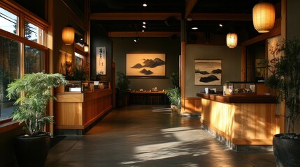 A Japanese sushi restaurant with fresh fish and artistic displays.