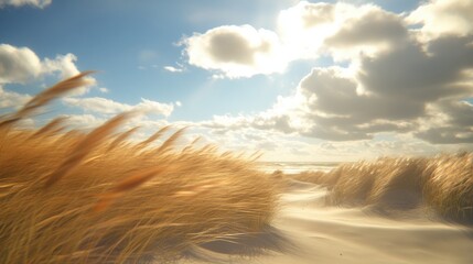 A lonely windswept land with tall grass swaying in the breeze.