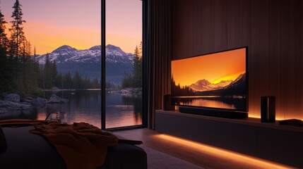 A modern TV stand with LED backlighting in a cozy entertainment room.