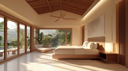 A spacious bedroom with soft lighting and neutral toned d ecor.