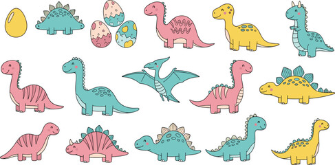 Set of Cute Cartoon Dinosaur Characters and Colorful Eggs for Kids Birthday Party Invitation Baby Shower Decor and Nursery Wall Art Design © Rakib 
