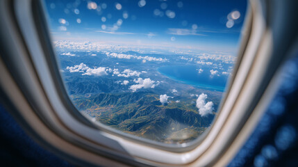 Fototapeta premium Cinematic airplane window view, scattered clouds casting soft shadows, endless blue sky fading into horizon, sense of calm and freedom from high altitude