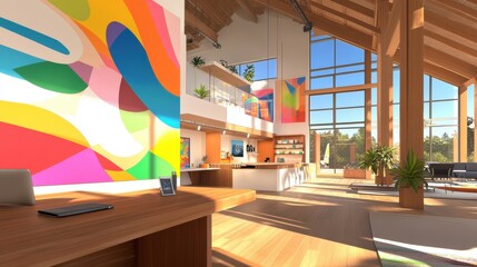 A creative workspace with colorful walls and artistic decorations.