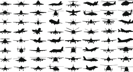 Collection of military aircraft and helicopter silhouettes in front view, black vector icons set isolated on white background illustration © MstSalina