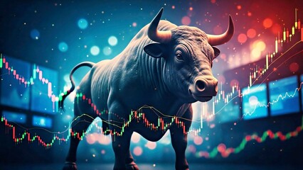  Bull market dominance, massive bull overshadowing trading screens,