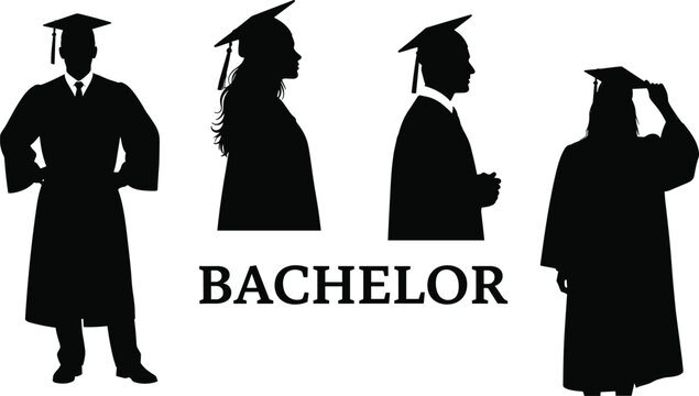 Set of graduation silhouettes featuring male and female students in academic caps and gowns for bachelor degree university commencement ceremony