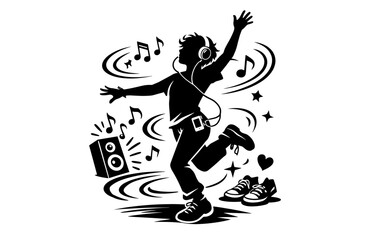 Fototapeta premium Silhouette of joyful teen dancing with headphones and music notes