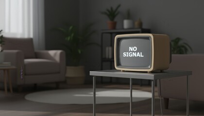 Vintage television in a modern living room displays no signal error, evoking broadcast disruption and obsolete analog technology amid minimalist home interior elements