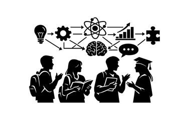 Silhouette of diverse young adults engaged in collaborative learning and idea exchange