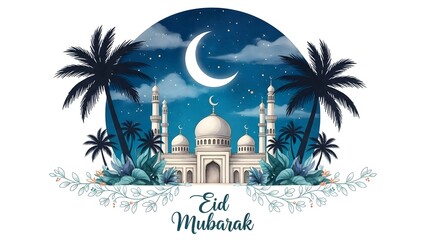 Collection of eid mubarak arabic calligraphy and mosque silhouettes on white background