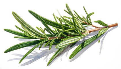 Close-up of a sprig with slender, needle-like green leaves along a woody stem, casting a shadow on a white background