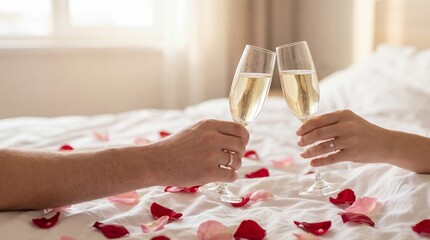 caucasian couple hands toasting with champagne glasses in bed with red rose petals. romantic love concept for valentine's day. anniversary celebration. website header, banner.
