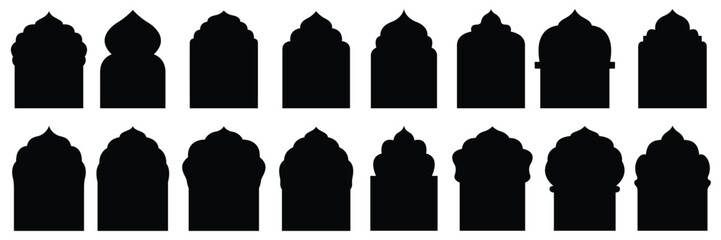 Collection of oriental style islamic vector shapes of a window or door arch mosque gate islamic arabesque pattern arab frame set on transparent background ramadan kareem silhouette icon set.