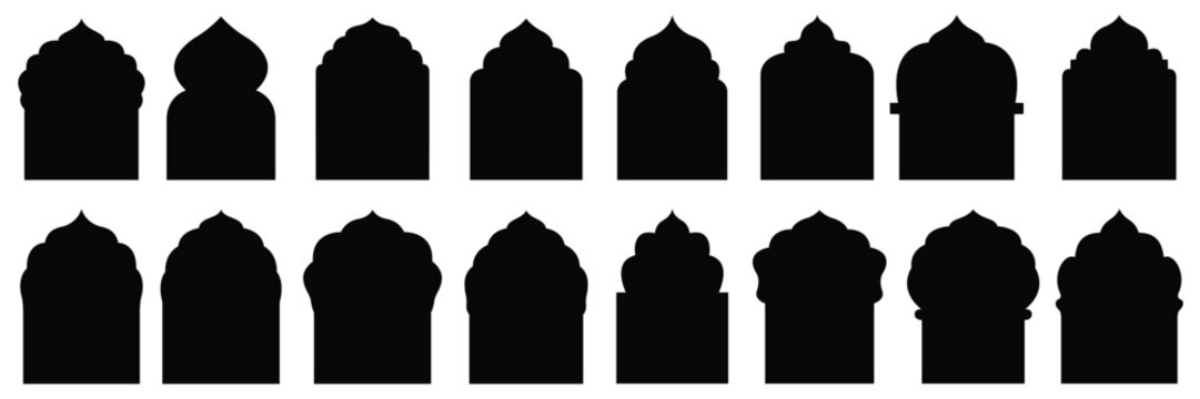 Collection of oriental style islamic vector shapes of a window or door arch mosque gate islamic arabesque pattern arab frame set on transparent background ramadan kareem silhouette icon set.