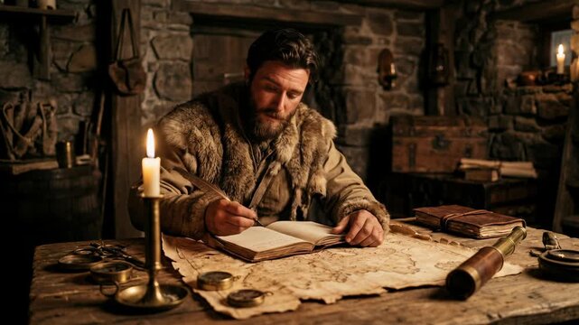 A contemplative figure in historical attire immersed in the act of journaling, illuminated by the gentle glow of candlelight, surrounded by maps and ancient instruments.