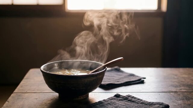 Steaming bowl of delicious soup, sitting on a wooden table, beckons with warmth and comfort, inviting to savor the flavors and textures.