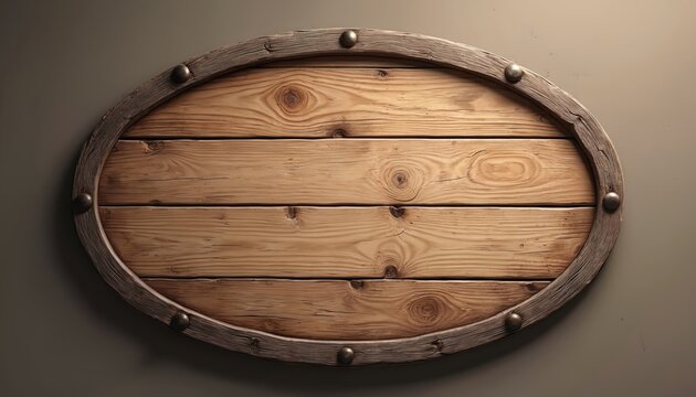 Oval wooden signboard with textured timber grain. Rustic wood sign with dark border and metal studs. Blank wood plank for text or logo on a neutral background