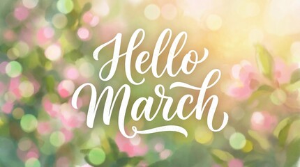 hello march calligraphy lettering on defocused green nature background with pink flowers. spring season welcome concept. greeting card, social media post, website header, banner.