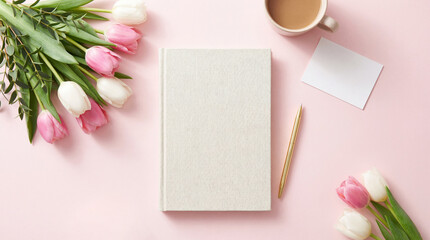 notebook and blank card on pink table with fresh tulips and coffee cup. spring holiday planning concept. romantic workspace with gold pen. banner with copyspace.