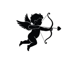 Fototapeta premium Black silhouette of cupid aiming with a bow and heart-tipped arrow at target