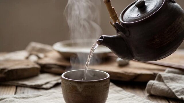 A serene moment captures the art of tea, with hot water elegantly poured from a classic teapot into a waiting cup. A symbol of tranquility and simple elegance in a relaxing experience.