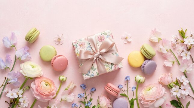 gift box with floral wrapping and ribbon surrounded by macarons and spring flowers on pink background. mother's day and birthday celebration. greeting card, banner, website header with copyspace. - Powered by Adobe