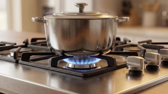 A culinary scene showcases a stainless steel pot, simmering atop a stove with a bright blue flame. The gleaming cookware and modern appliances create a compelling visual of the art of cooking.