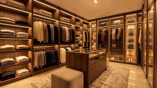 A meticulously designed walk-in closet exudes luxury, style, and functionality. It shows off organized clothes, shoes, and accessories. Experience the pleasure of a dream closet.