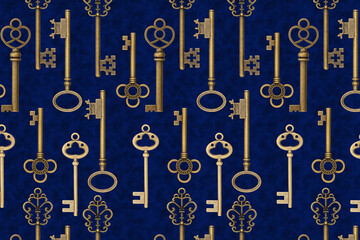 Vintage gold keys pattern background on blue