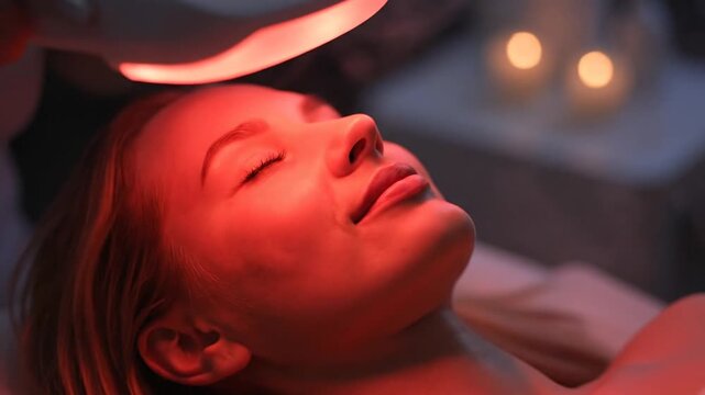 Woman undergoing red light therapy facial treatment relaxing indoors