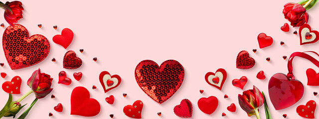 Valentine's Day Love: Red Hearts and Tulips on Pink Background with Copy Space