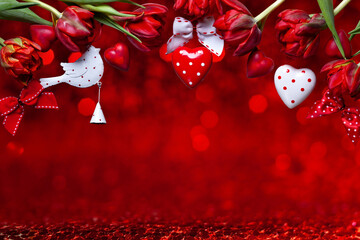 Romantic Red Floral Valentine Background with Hanging Heart Ornaments
