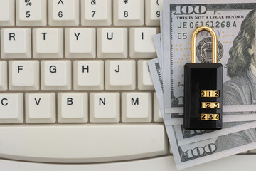 Online security finance concept with combination lock on keyword