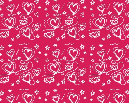 Seamless florall pattern with pink roses and red hearts illustration for romantic Valentine holiday wallpaper decoration and vintage design backdrop