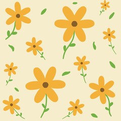 Seamless vector illustration of a cute colorful floral pattern featuring orange flowers and butterflies for a summer nature wallpaper or spring textile decoration