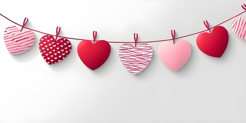 Valentine's Day banner. A continuous decoration featuring a string of red and pink hearts against a white background. Holiday frame, border. Suitable for headers, party flyers, and sale promotions.