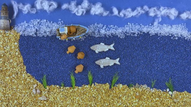 Stop Motion Animation of a Fishing Boat and Stone Fish in Blue Sea