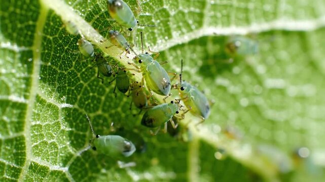 Small Green Aphids Crawling on Garden Leaf in Sunlight on Bokeh Background