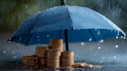 Protection Under the Rain: The image encapsulates a powerful message of financial security and safeguarding. Golden coins are artfully arranged beneath a protective umbrella amidst a downpour.