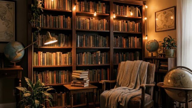 A cozy, inviting home library, with books, a comfortable armchair, and warm ambient lighting. A perfect space to curl up and immerse oneself in the world of stories and knowledge.