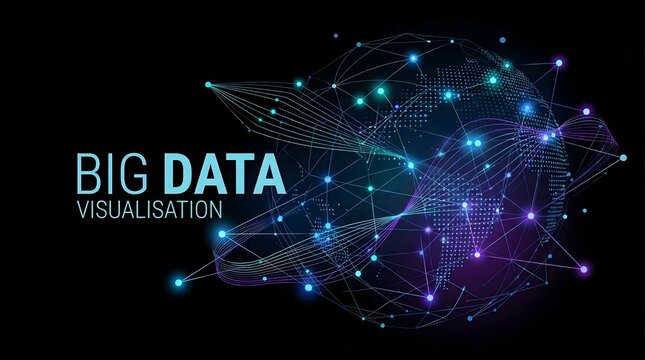 Big data visualization with glowing nodes,network lines,and earth globe,representing global data flow,AI analytics,and information technology mapping - Powered by Adobe