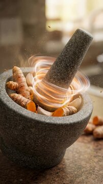 A captivating visual of freshly harvested turmeric rhizomes within a stone mortar, evoking the essence of health and natural remedies. The scene emphasizes the vibrancy of culinary and wellness.