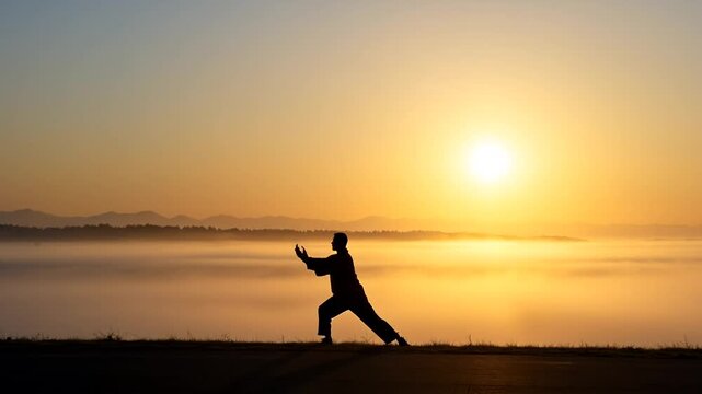 Man practicing tai chi at sunrise by the tranquil riverbank  