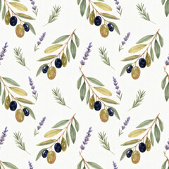 Seamless watercolor pattern with green and black olives on branches, purple lavender, and rosemary sprigs. Elegant Mediterranean botanical illustration on white textured paper for textiles.