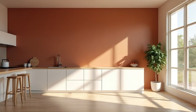 Modern bright kitchen white cabinets wood countertop terracotta wall sunlight through window. Minimalist interior features plant, bar stools near kitchen counter. Clean apartment design creates