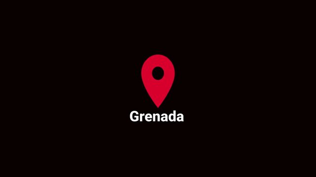 Abstract Grenada map location pin animation. Country location pin pointer icon animated on black background, GPS location tracking animation. 4K video	
